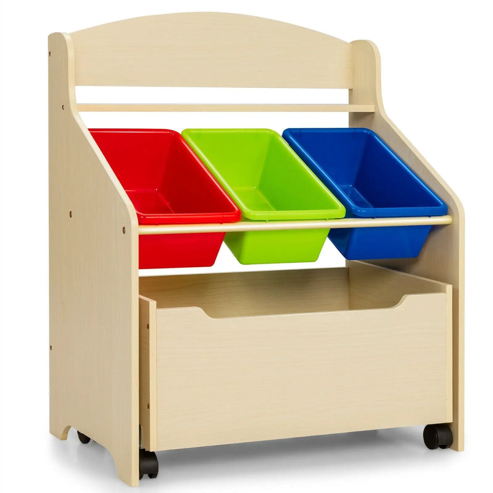 Kids Wooden Toy Storage Unit Organizer with Rolling Toy Box and Plastic Bins by DirectDeals