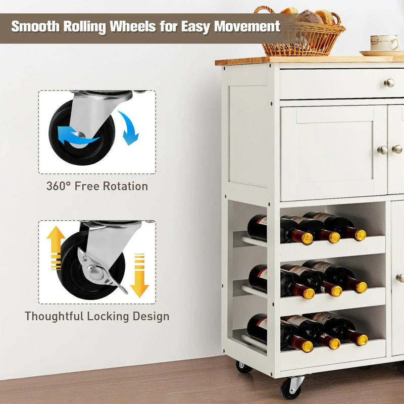 Kitchen Cart with Rubber Wood Top 3 Tier Wine Racks 2 Cabinets by DirectDeals