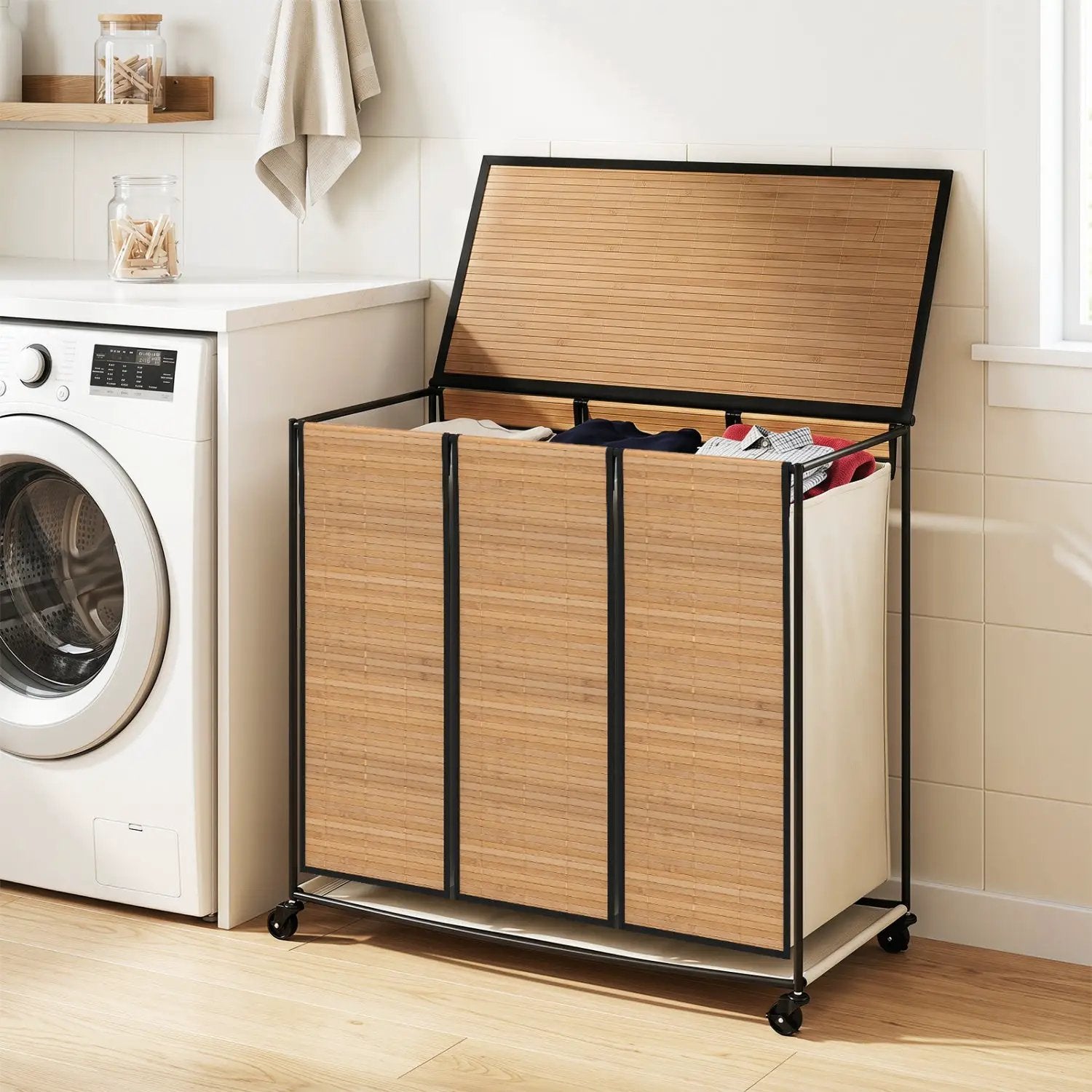 3-Section Laundry Hamper with Lid and Wheels - 21.4 Gal by DirectDeals