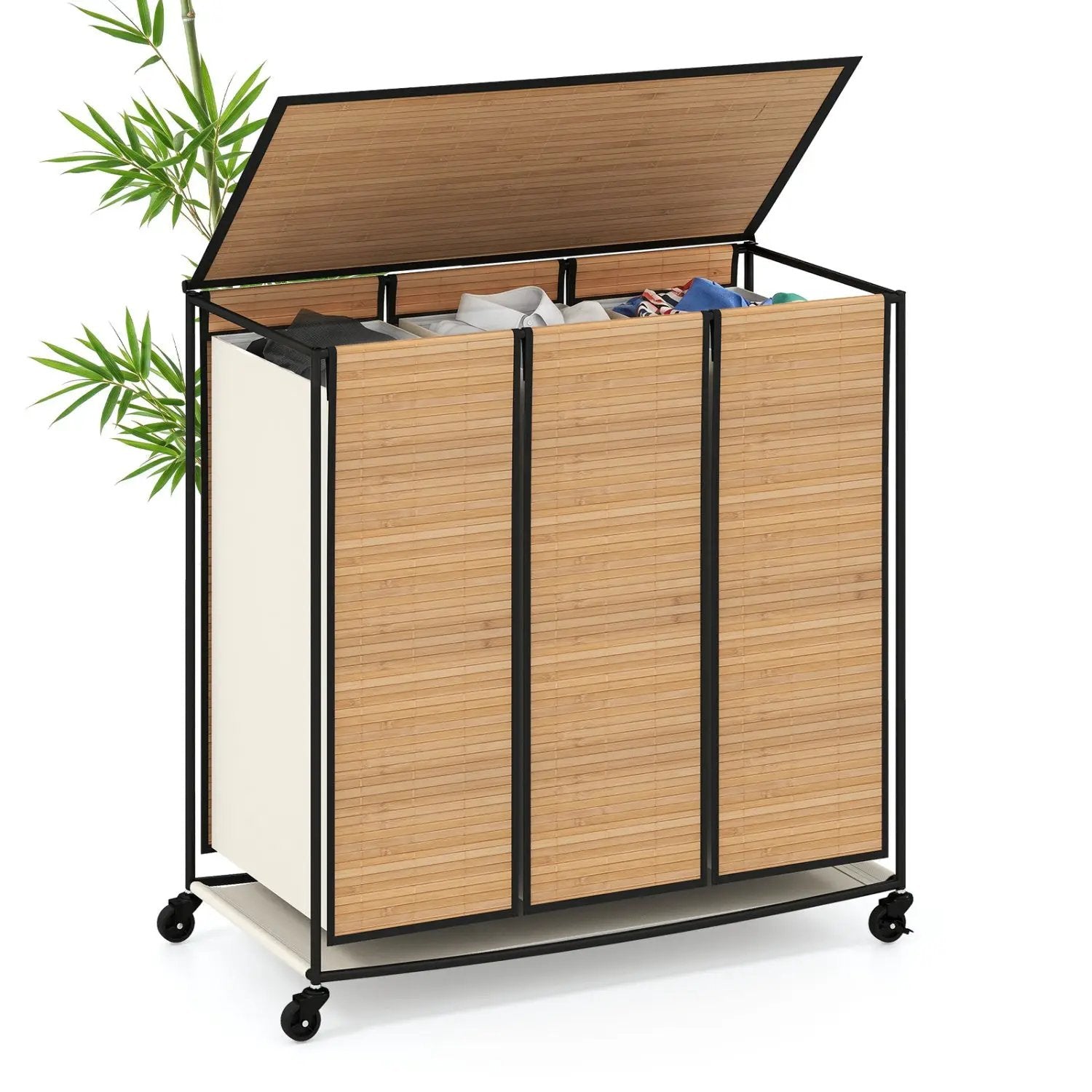 3-Section Laundry Hamper with Lid and Wheels - 21.4 Gal by DirectDeals