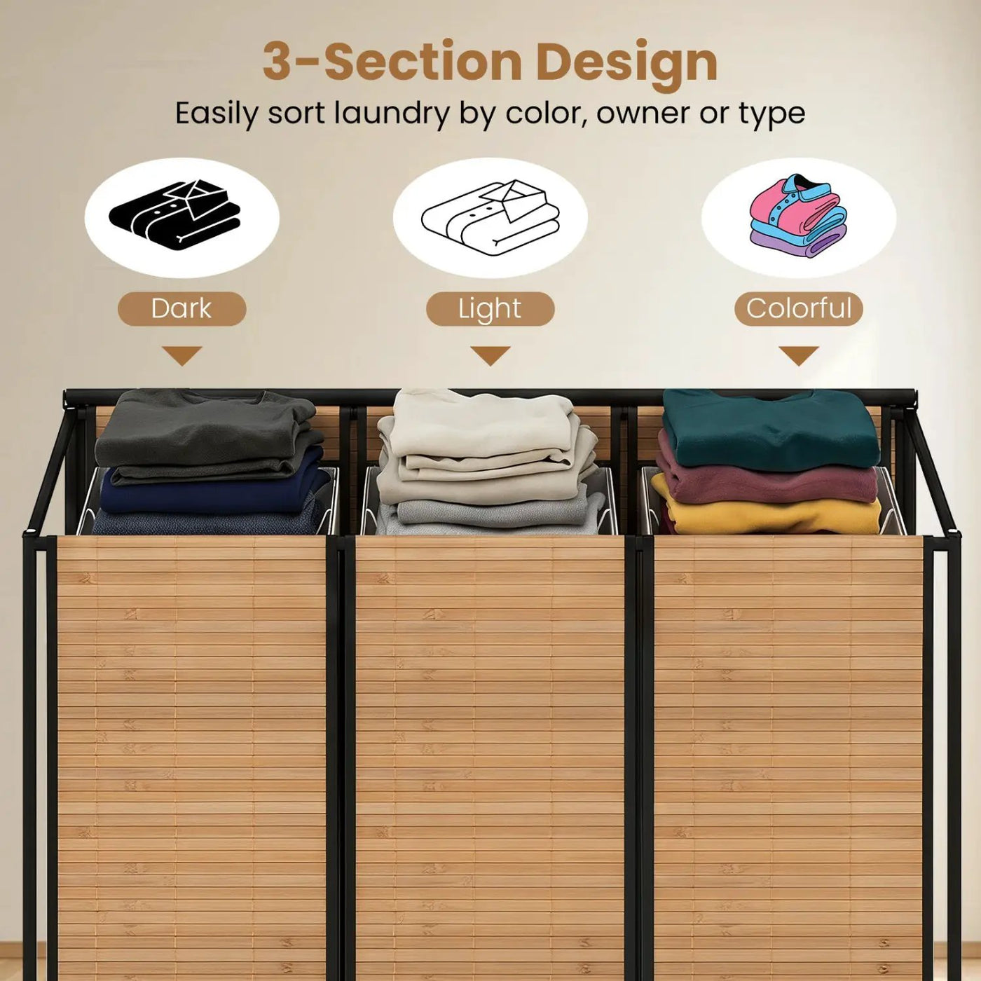 3-Section Laundry Hamper with Lid and Wheels - 21.4 Gal by DirectDeals
