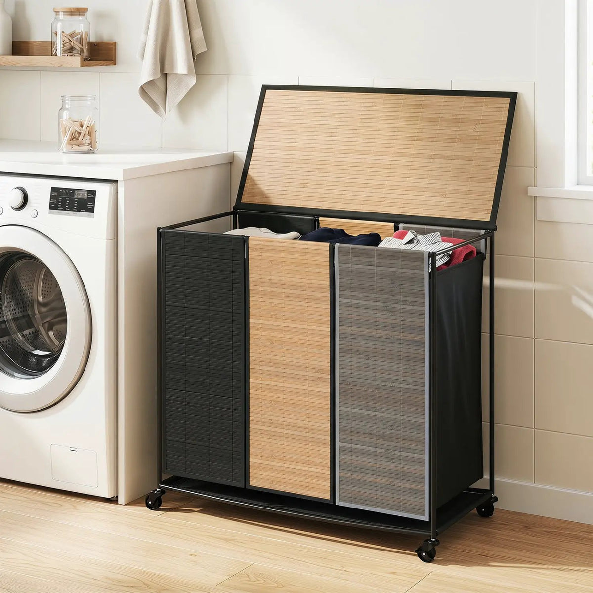 3-Section Laundry Hamper with Lid and Wheels - 21.4 Gal by DirectDeals