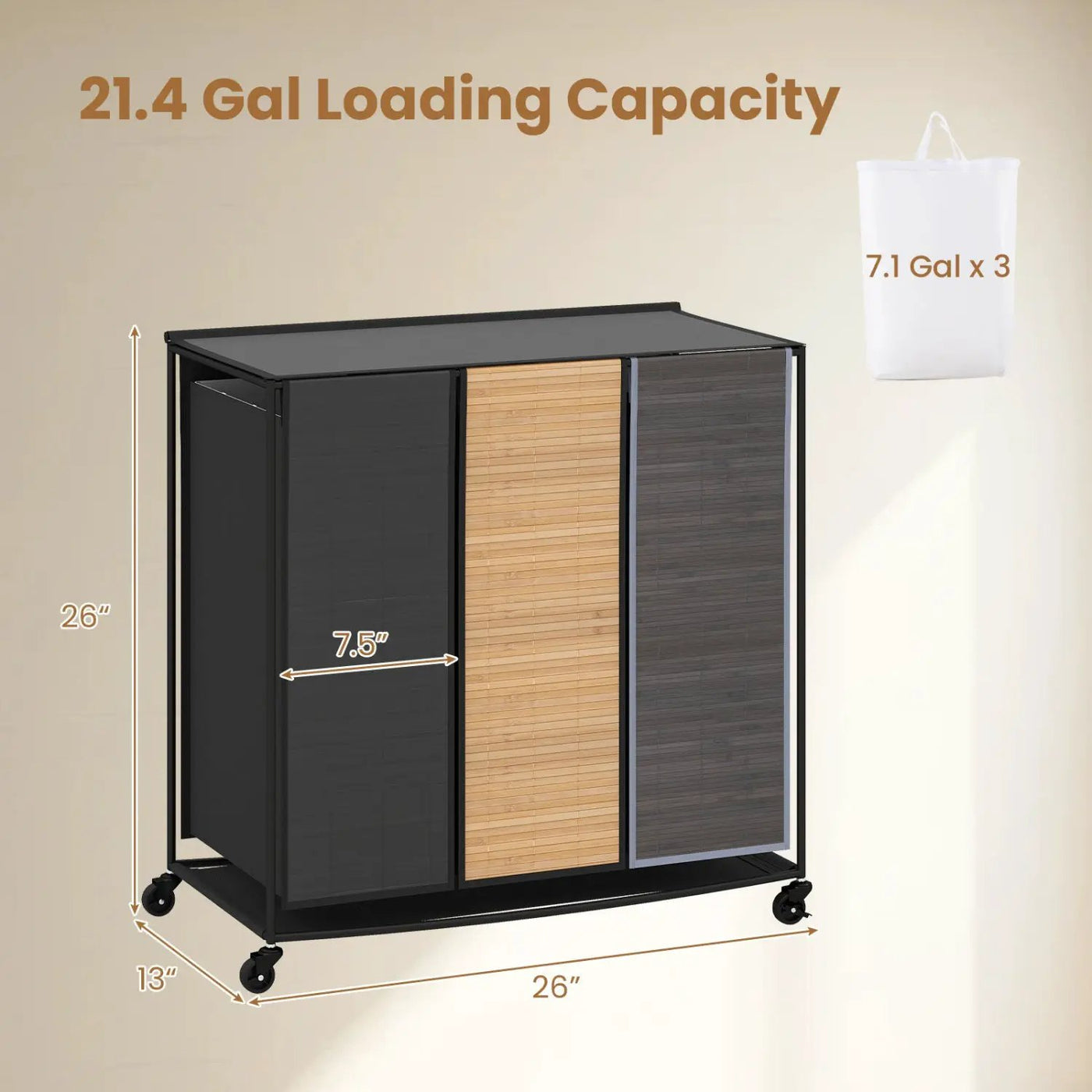 3-Section Laundry Hamper with Lid and Wheels - 21.4 Gal by DirectDeals