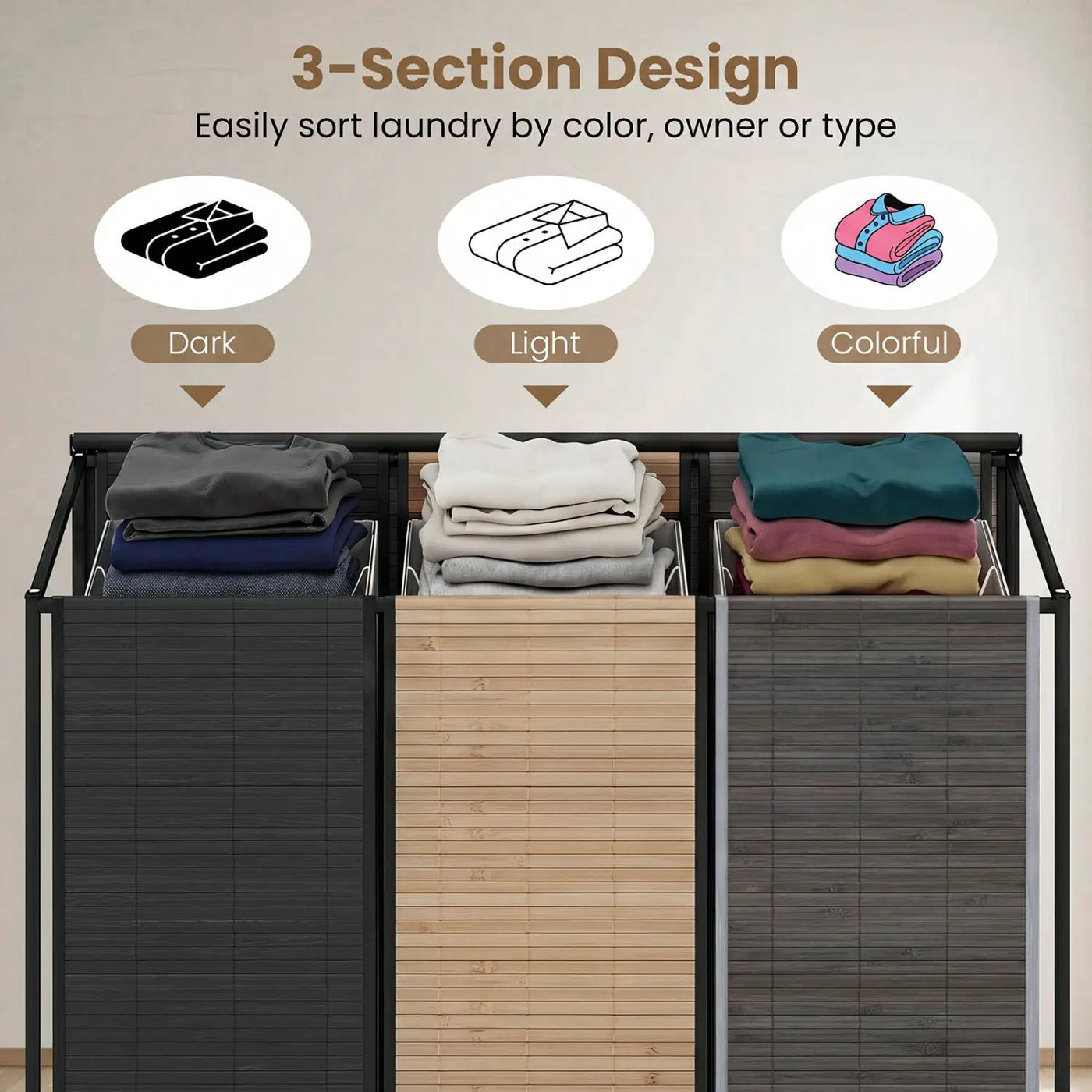 3-Section Laundry Hamper with Lid and Wheels - 21.4 Gal by DirectDeals