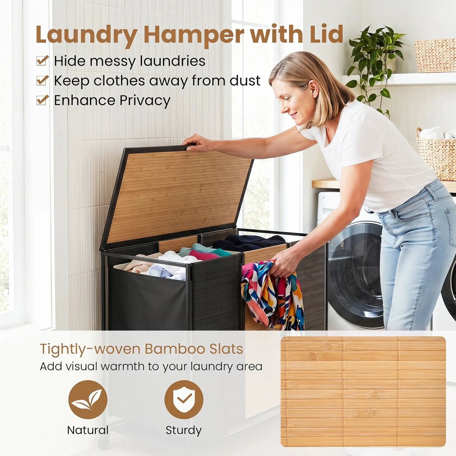 3-Section Laundry Hamper with Lid and Wheels - 21.4 Gal by DirectDeals