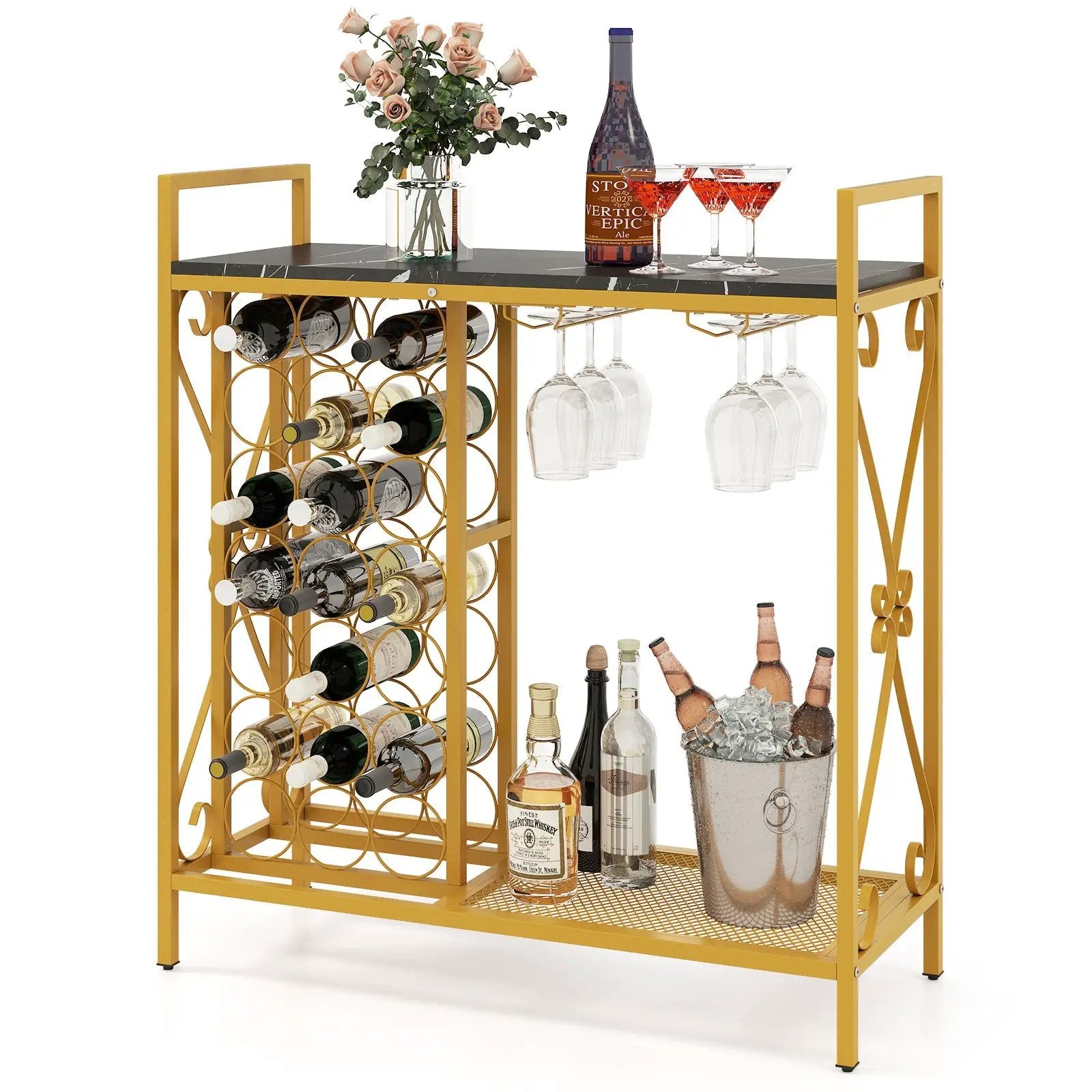 21 Bottle Wine Rack Freestanding Floor Wine Bottle Organizer with Glass Holder by DirectDeals