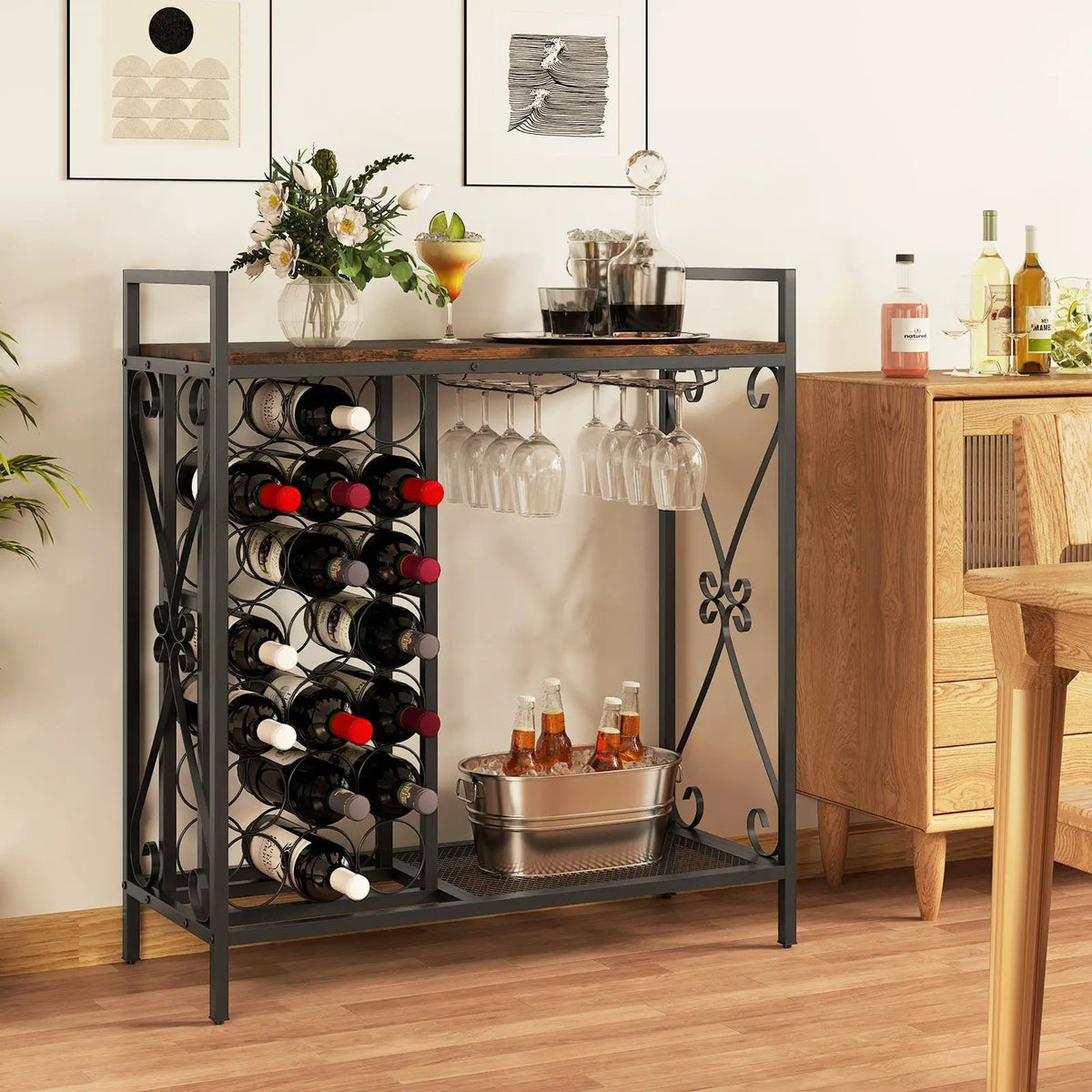 21 Bottle Wine Rack Freestanding Floor Wine Bottle Organizer with Glass Holder