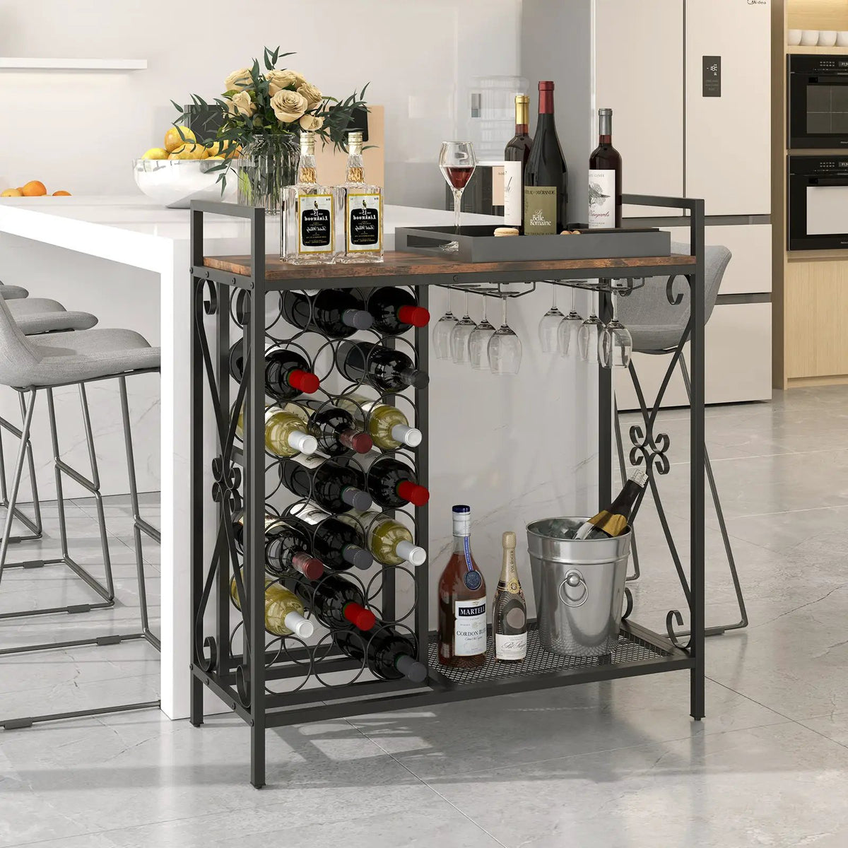 21 Bottle Wine Rack Freestanding Floor Wine Bottle Organizer with Glass Holder, photo 2 of 9