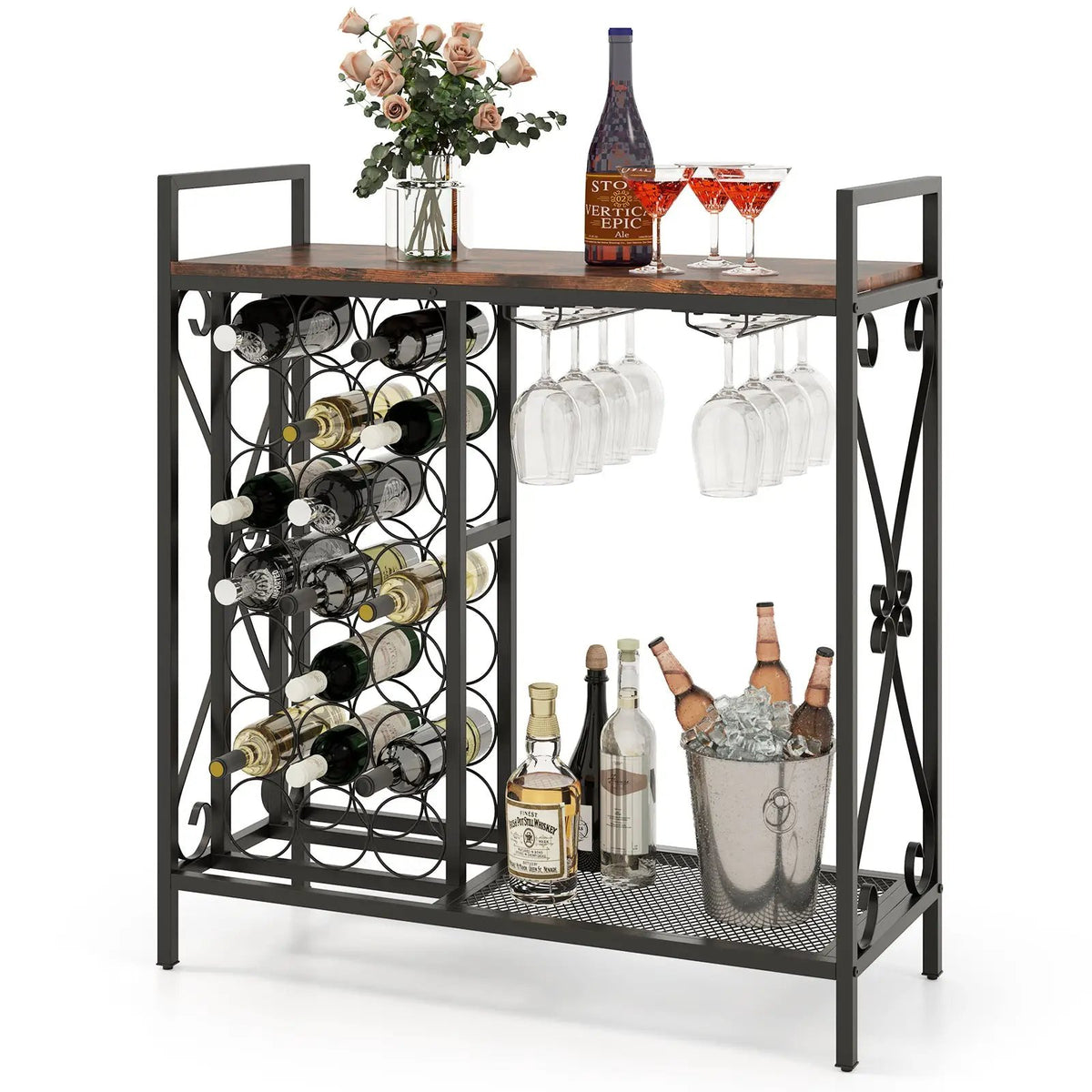 21 Bottle Wine Rack Freestanding Floor Wine Bottle Organizer with Glass Holder, photo 4 of 9