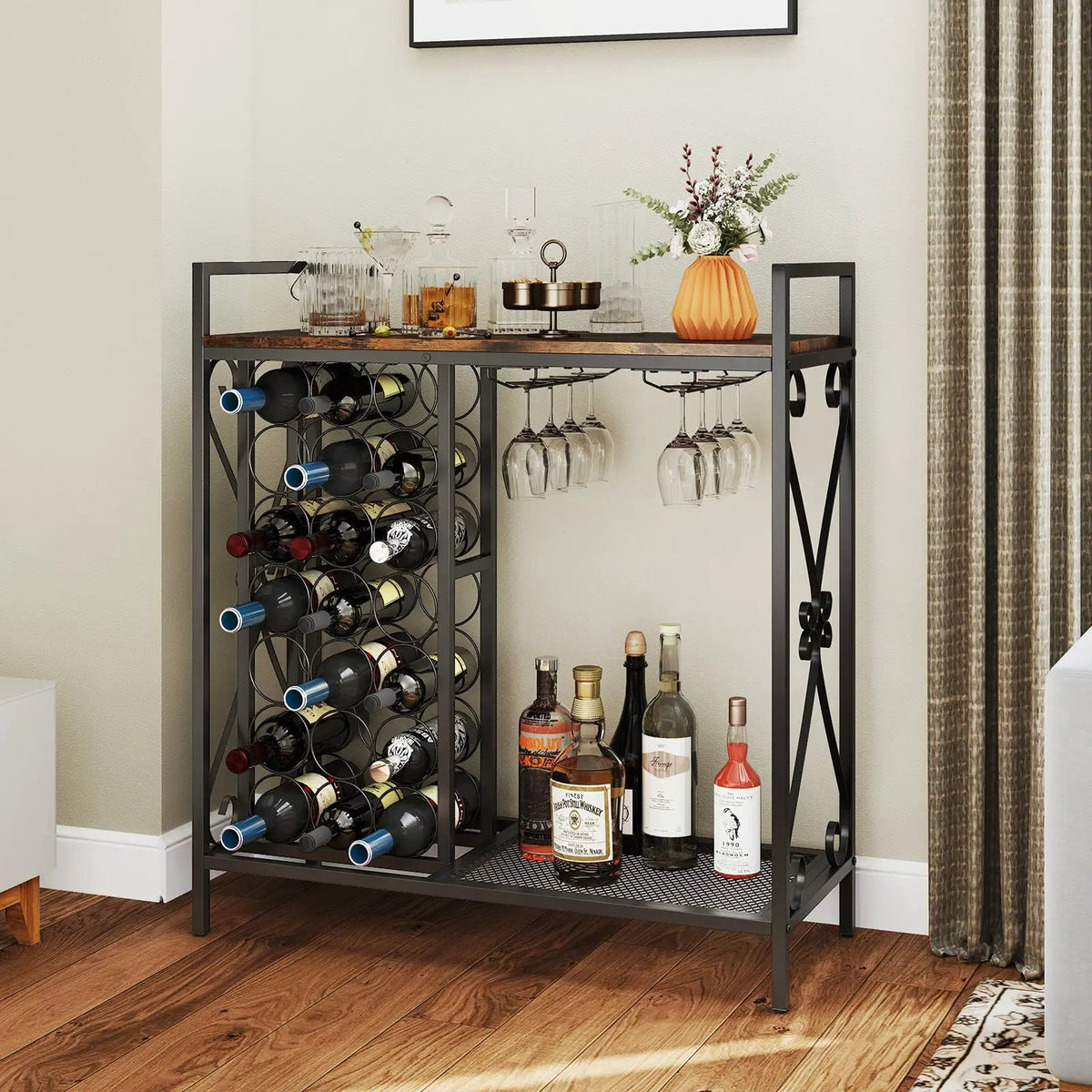21 Bottle Wine Rack Freestanding Floor Wine Bottle Organizer with Glass Holder, photo 6 of 9