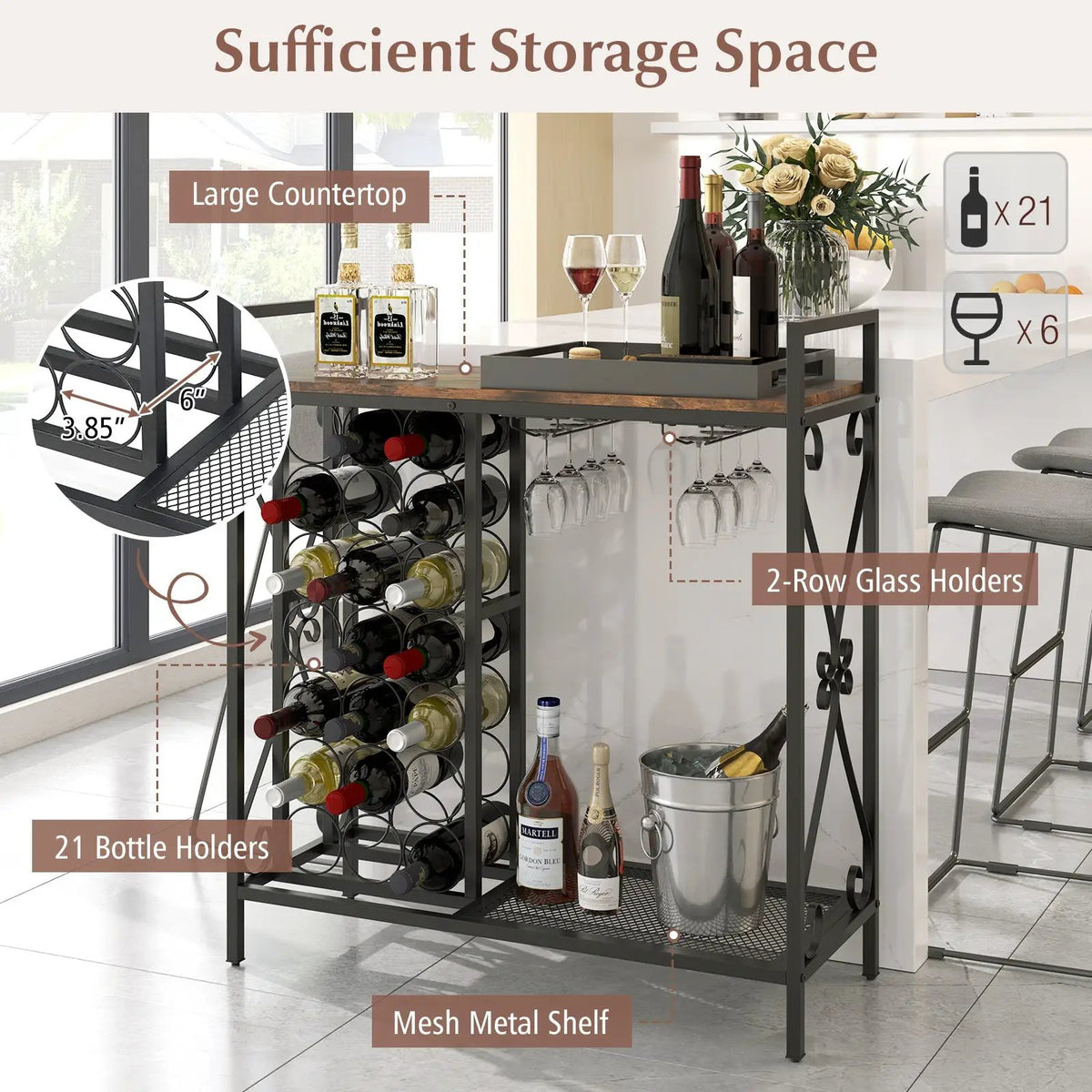 21 Bottle Wine Rack Freestanding Floor Wine Bottle Organizer with Glass Holder, photo 7 of 9