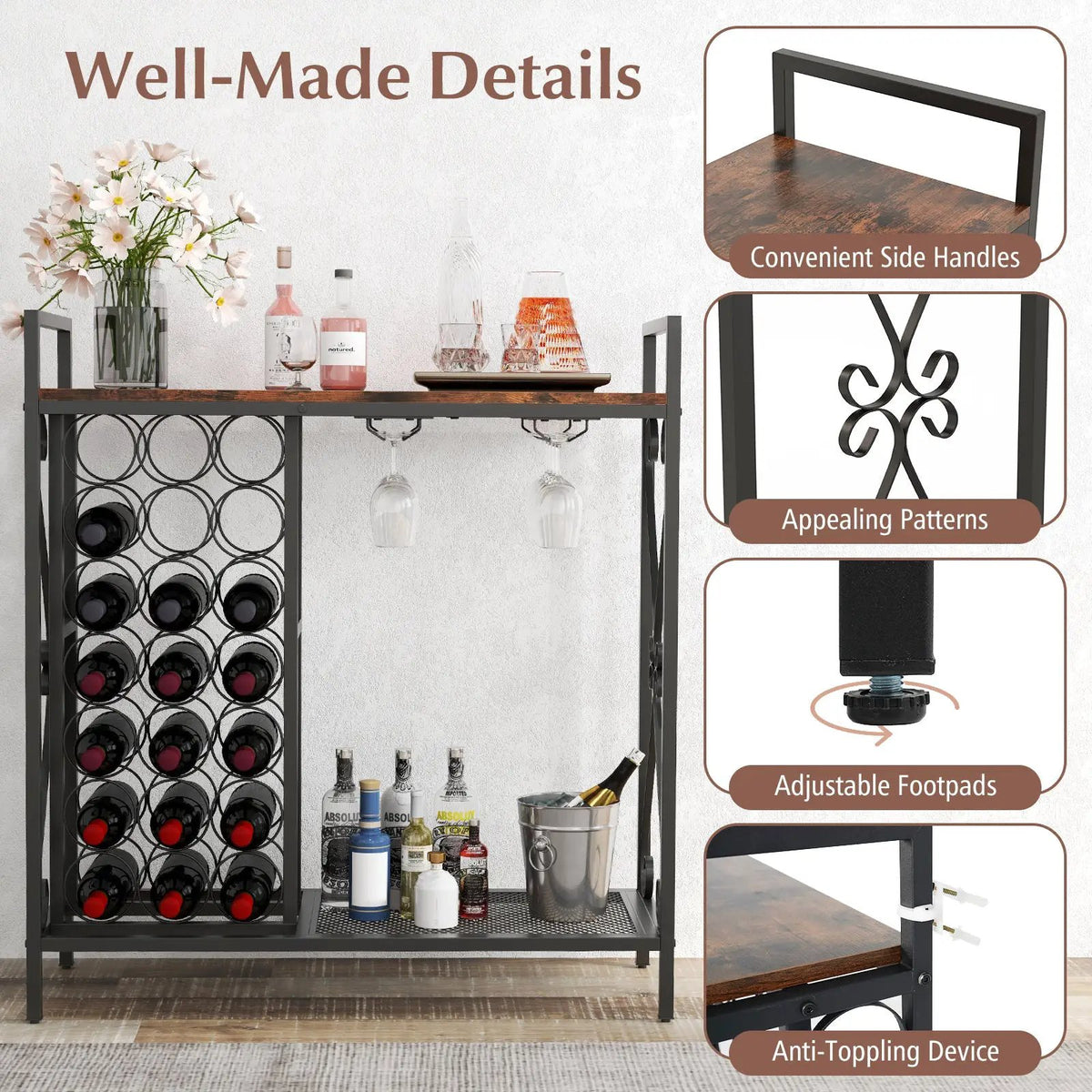21 Bottle Wine Rack Freestanding Floor Wine Bottle Organizer with Glass Holder, photo 8 of 9
