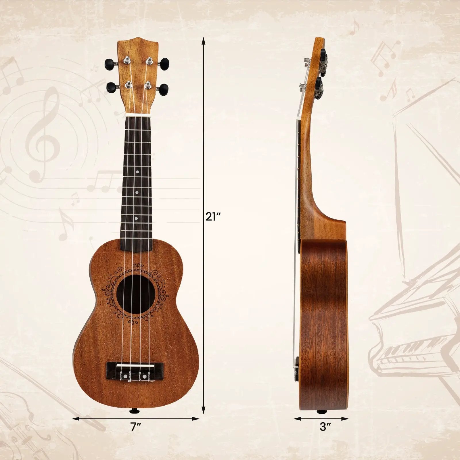 21 Inch Soprano Mahogany Wooden Ukelele Set with Adjustable Strap by DirectDeals