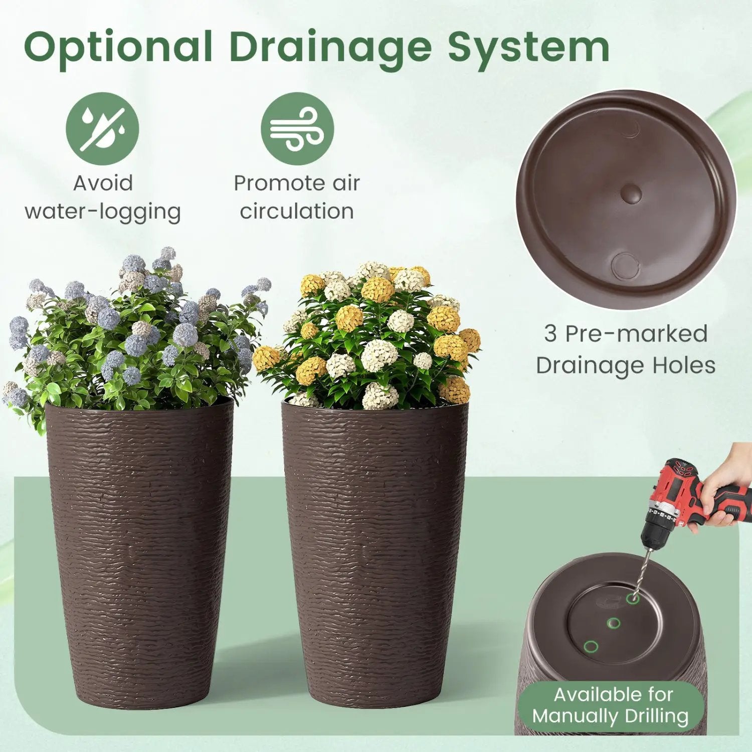 Round Plastic Planters Set of 2, 21 Inch Tall with Drainage by DirectDeals