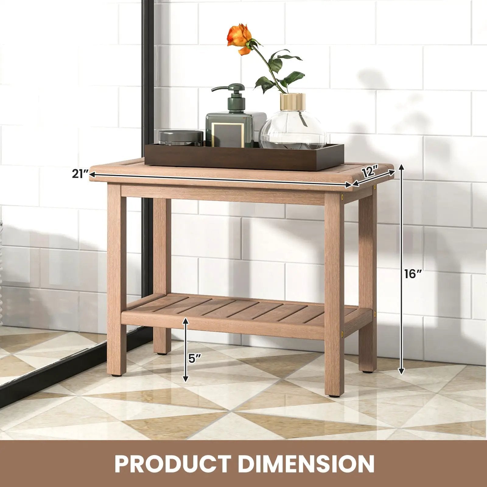 21 Inches Teak Shower Bench with Storage Shelf by DirectDeals