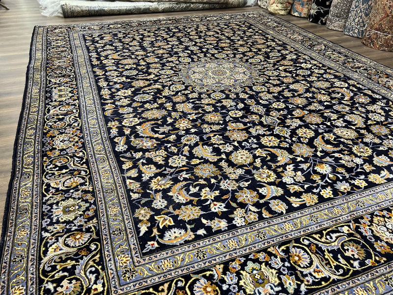 Wonderful Navy Blue Persian Kashan Rug 11x13, Allover Floral Design with Central Medallion, Wool Hand-Knotted Antique Carpet, Signed Rabani Rug by Jewel Rugs