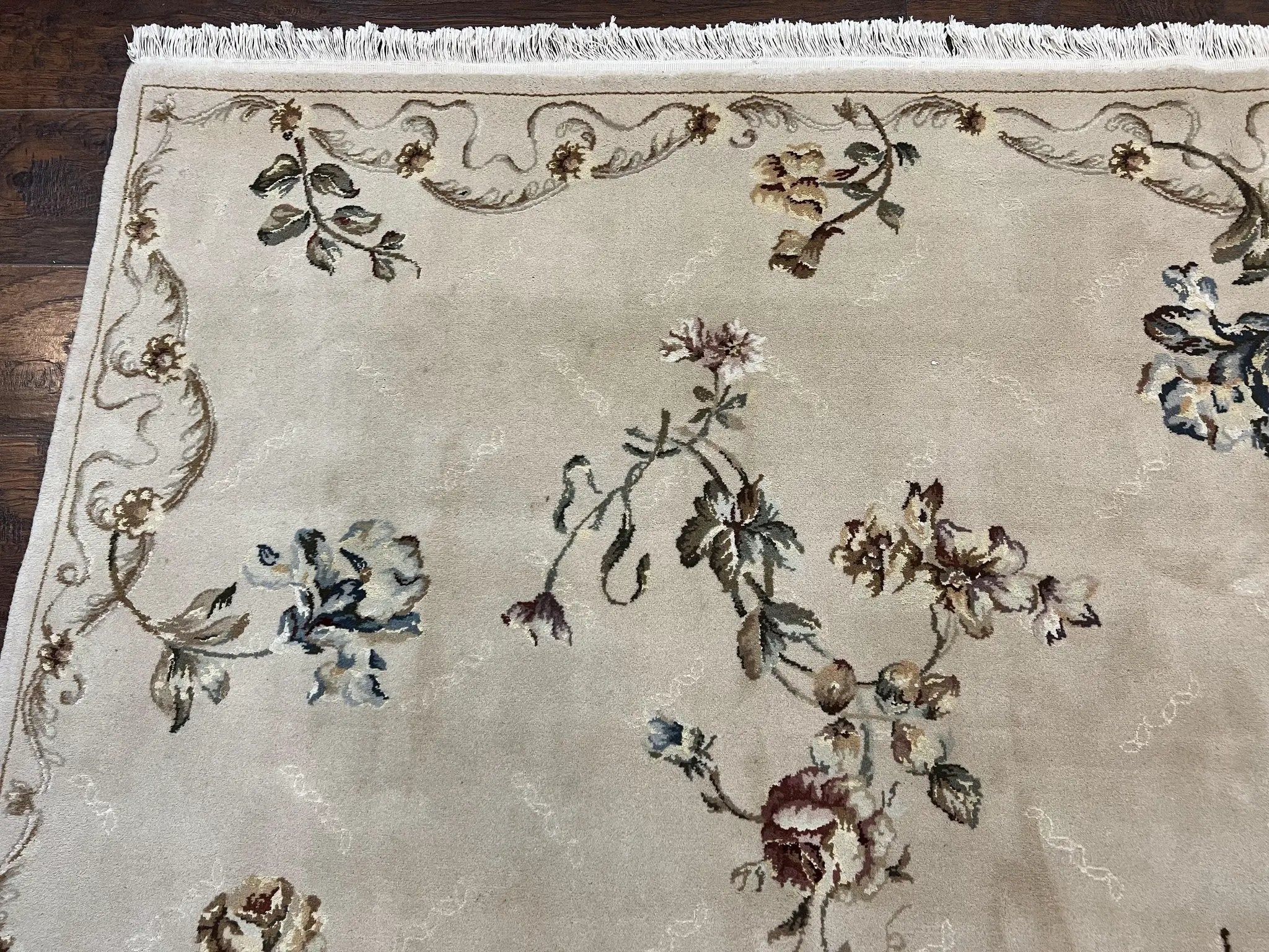 Chinese 120 Line Rug 8x10, Chinese Aubusson Wool & Silk Highlights Handmade Vintage Carpet, Beige Fine Weave Rug, Floral European Design by Jewel Rugs