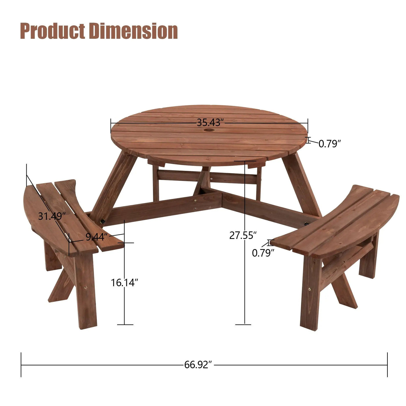 6 Person Circular Outdoor Wooden Picnic Table For Patio, Backyard, Garden, Diy With 3 Built-In Benches, 1720Lb Capacity by HouseOfZazla