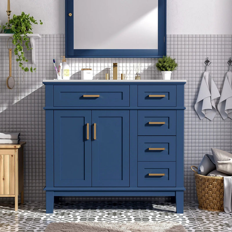 Bathroom Vanity With Ceramic Sink, Soft-Close Doors, 4 Storage Drawers - Blue by Unique Piece Furniture