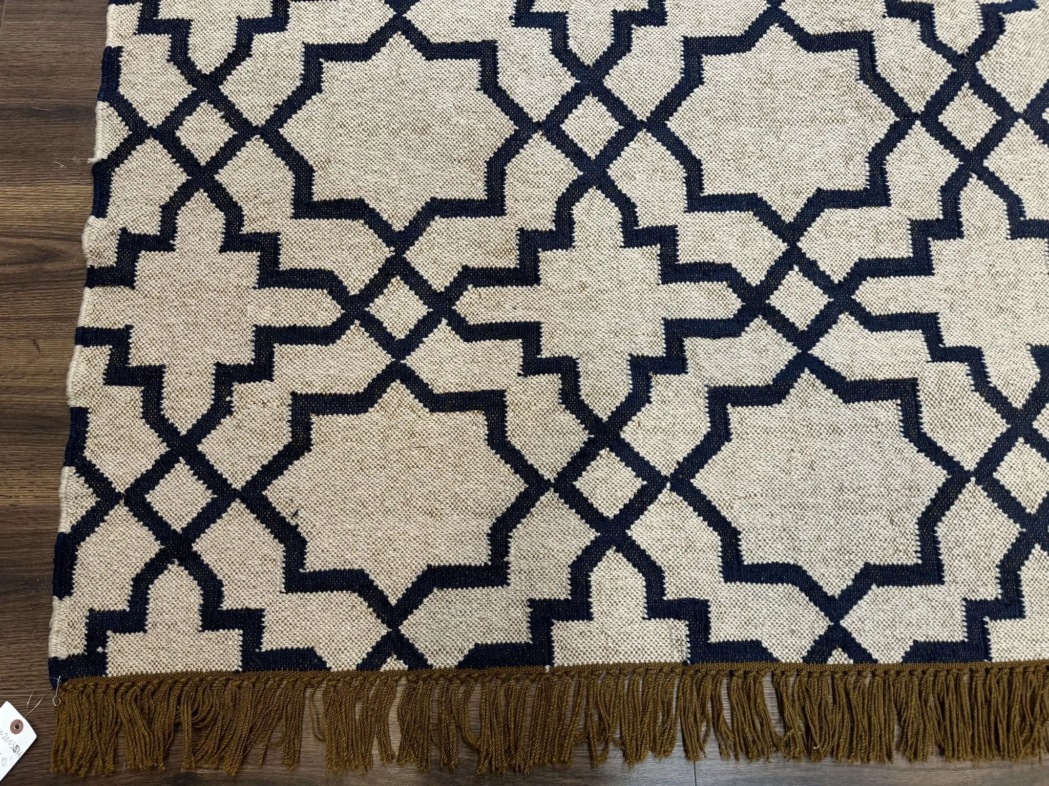 Indian Kilim Rug 8x10, Oat and Navy Blue, Dhurrie Carpet, Handmade, Wool by Jewel Rugs