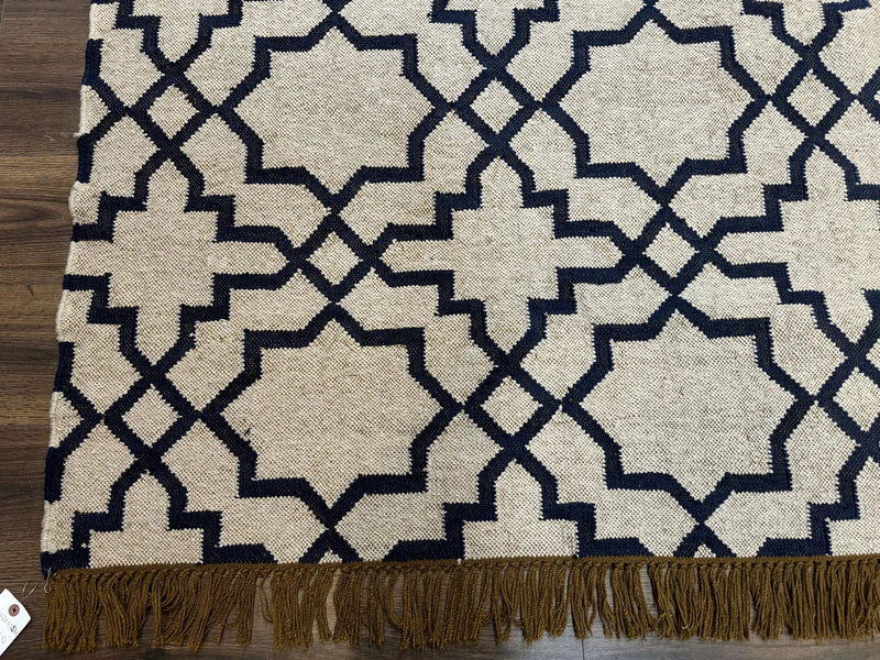 Indian Kilim Rug 8x10, Oat and Navy Blue, Dhurrie Carpet, Handmade, Wool by Jewel Rugs