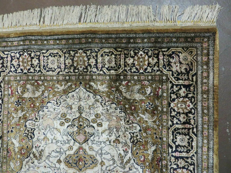 Handmade Silk Rug 3x5, Vintage Antique Silk Carpet, Hand-Knotted Oriental Rug 3 x 5, Animal Motifs, Deer Birds, One-Of-A-Kind by Jewel Rugs