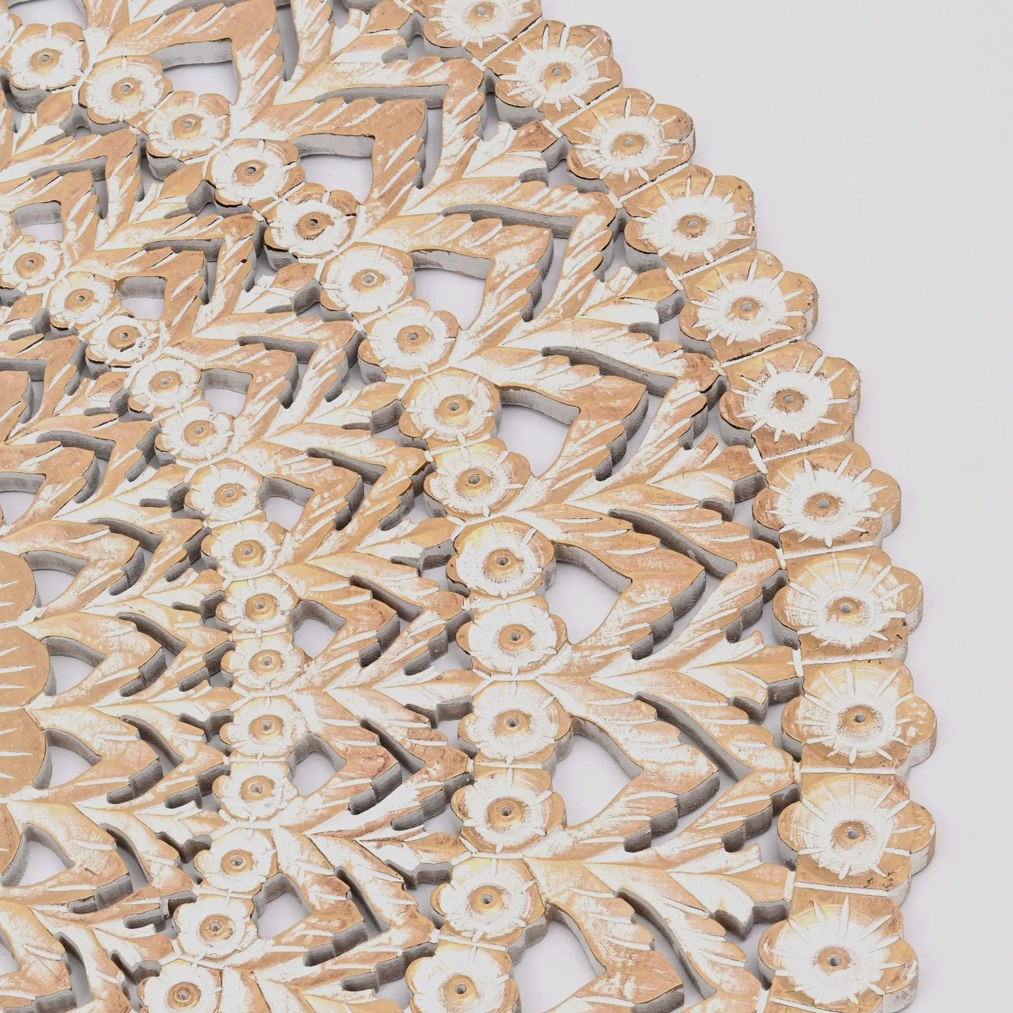 Floral Hand Carved Mandala Round Wall Decor - Brown / Antique White by Unique Piece Furniture
