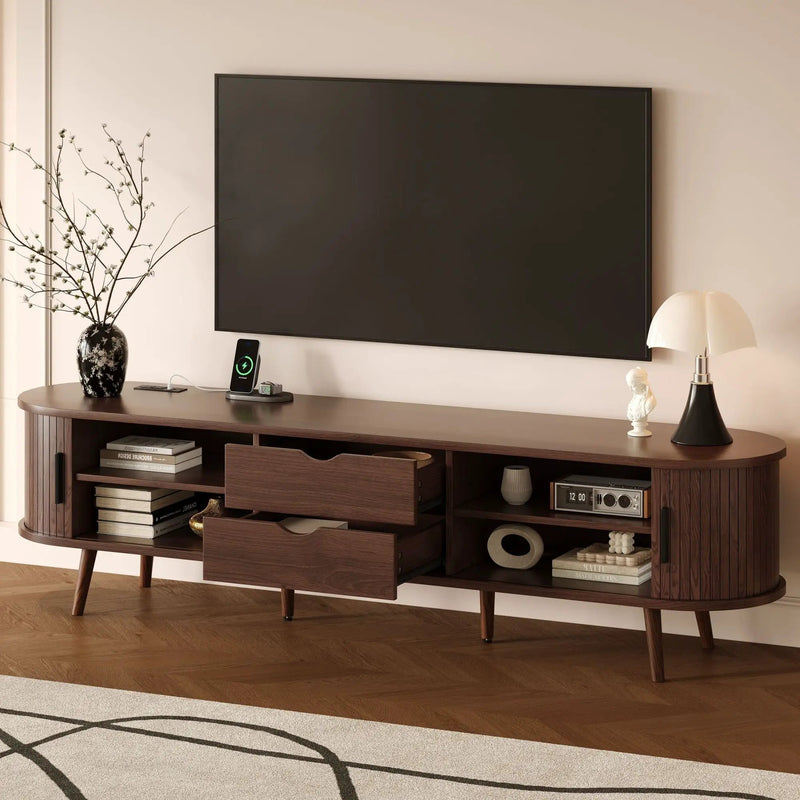 TV Stand For 70" TV, Console With Tambour Doors, Drawers And Built In Power Outlet - Dark Brown by Unique Piece Furniture
