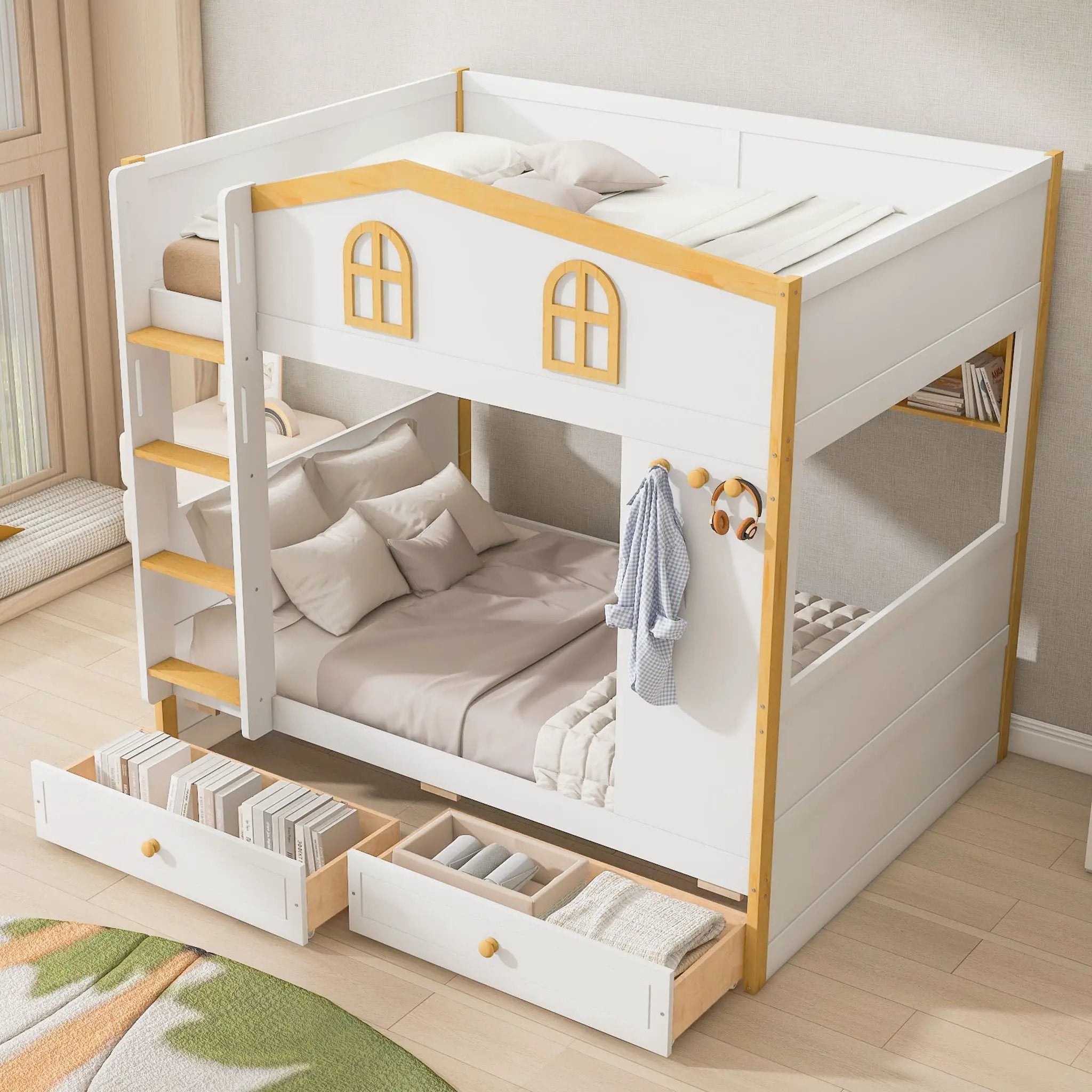 Twin Over Twin Bunk Bed With House Shaped Guardrails, Storage Shelves & Drawers - White / Natural by HouseOfZazla
