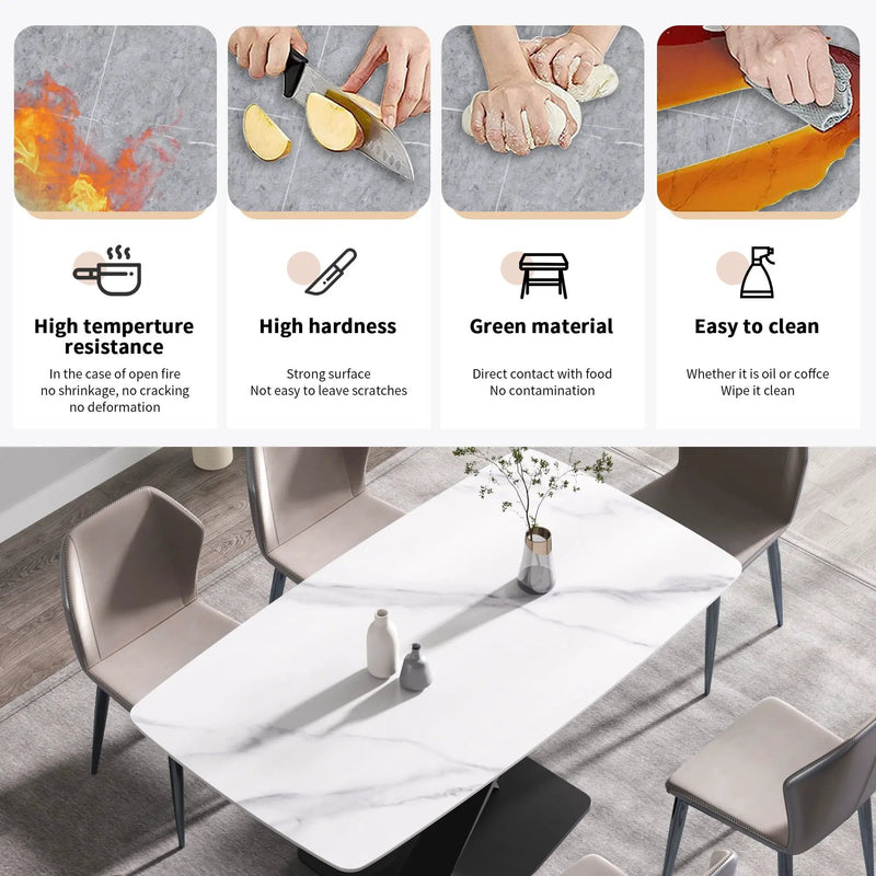 70.87" Modern Artificial Stone White Curved Black Metal Leg Dining Table, Can Accommodate 6-8 People - White / Black by HouseOfZazla