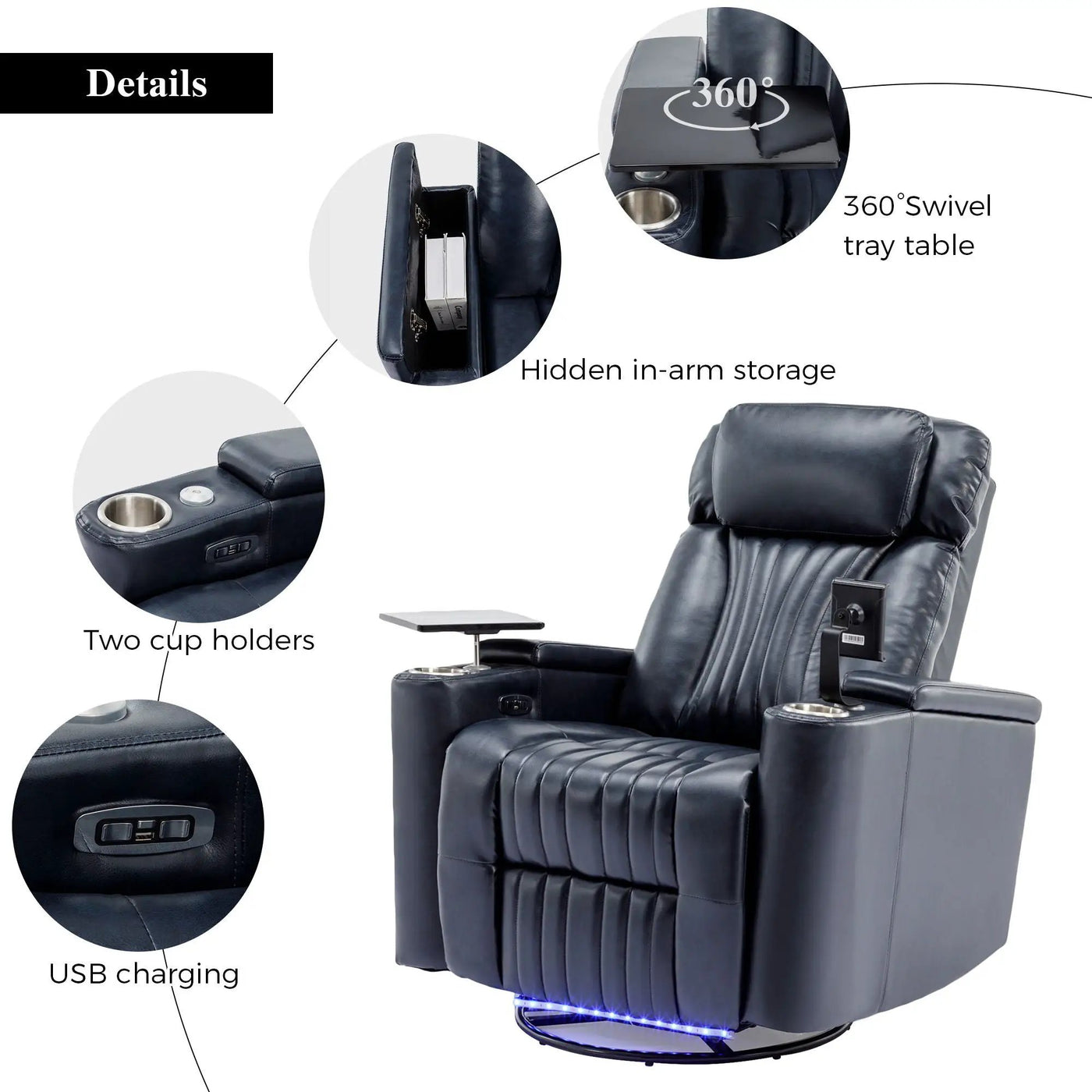 270° Power Swivel Recliner Home Theater Chair With Hidden Arm Storage, LED Light, Cup Holder, And Tray Table by Unique Piece Furniture