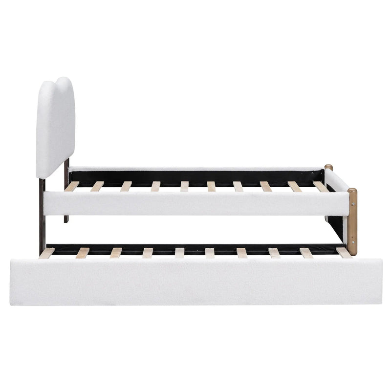 Upholstered Platform Bed With Wood Supporting Feet And Trundle
