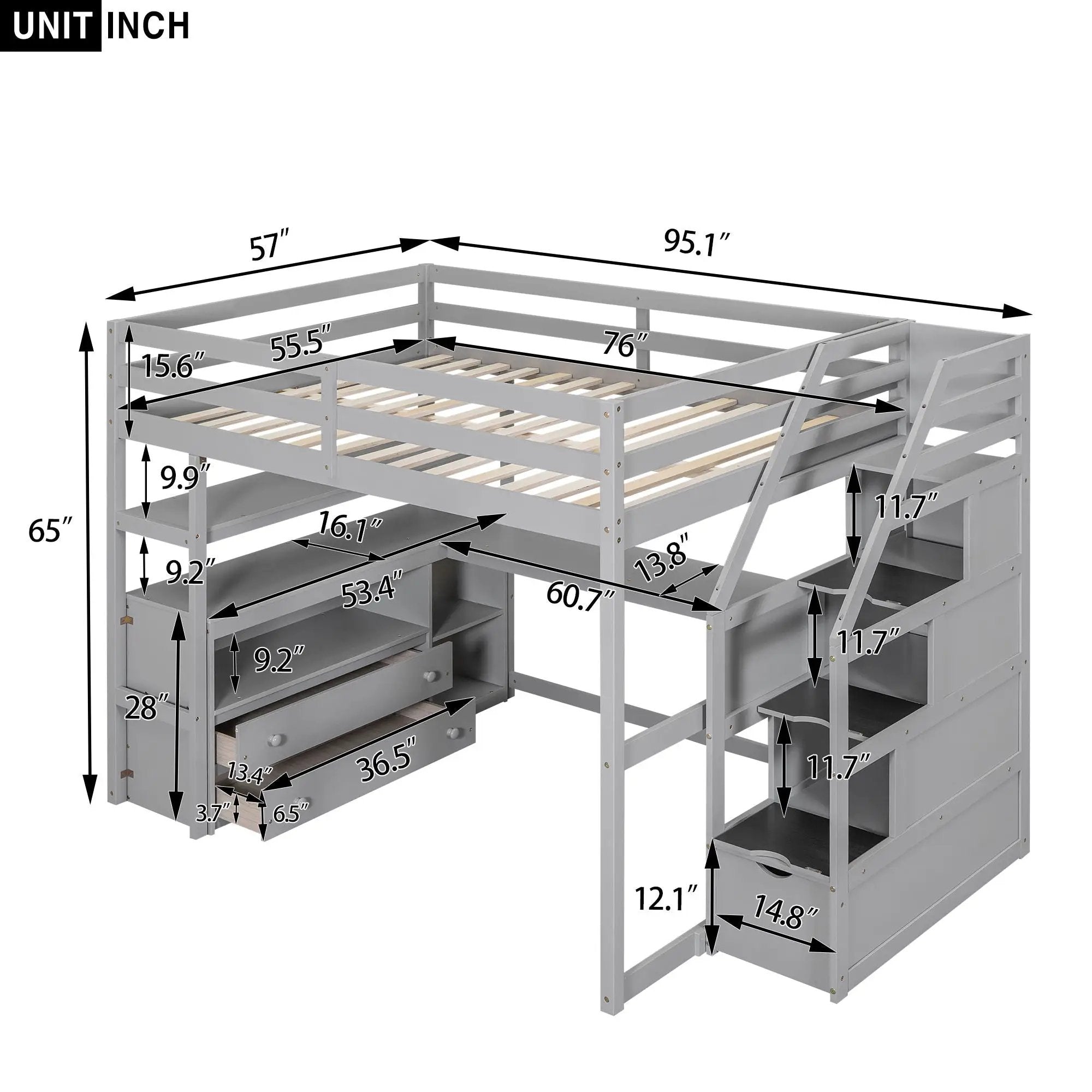 Loft Bed With Desk, Shelves, 2 Drawers, Storage Staircase by Unique Piece Furniture