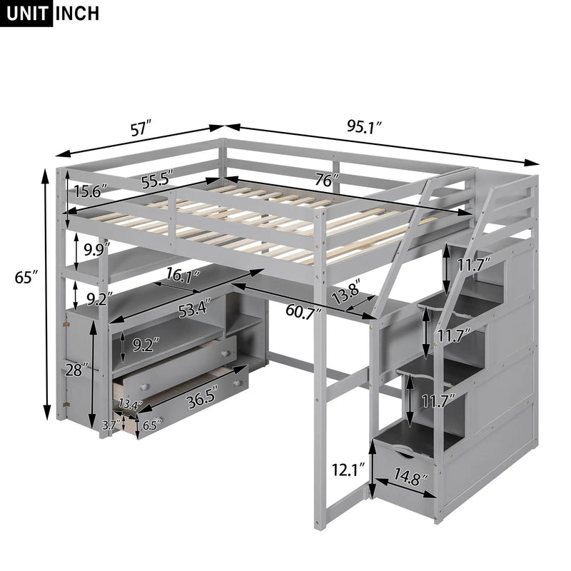 Loft Bed With Desk, Shelves, 2 Drawers, Storage Staircase by HouseOfZazla