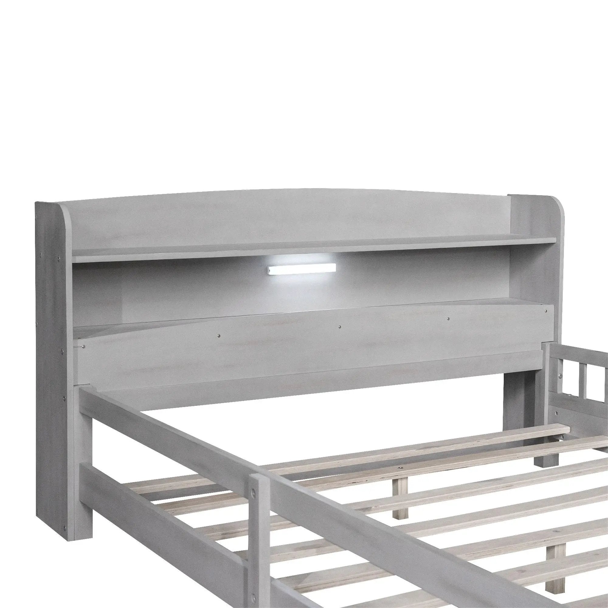 Wood Platform Bed With Built In LED Light, Storage Headboard And Guardrail