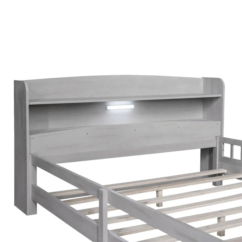 Wood Platform Bed With Built In LED Light, Storage Headboard And Guardrail