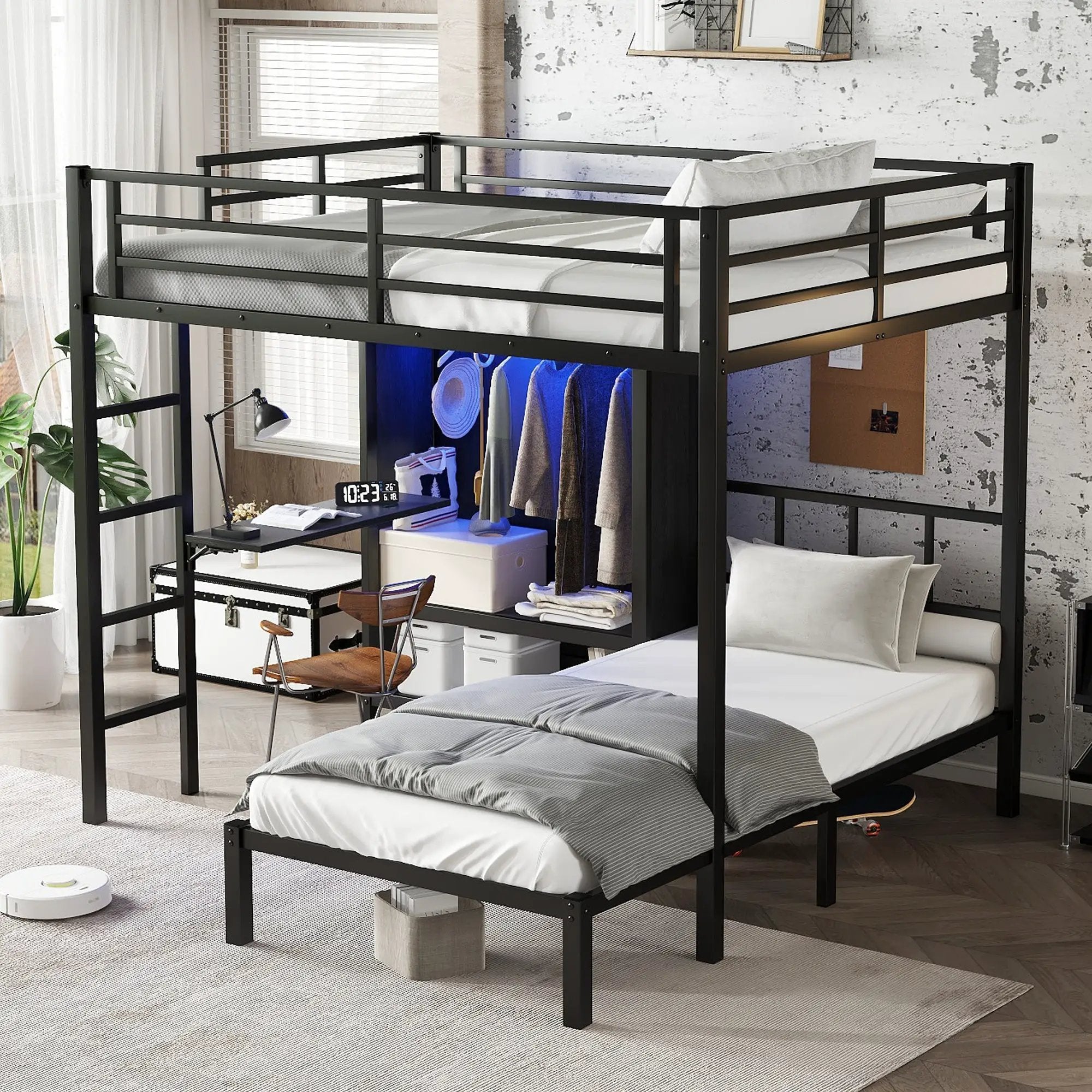 Full XL Over Twin Metal Bunk Bed with Folding Desk and Closet by HouseOfZazla