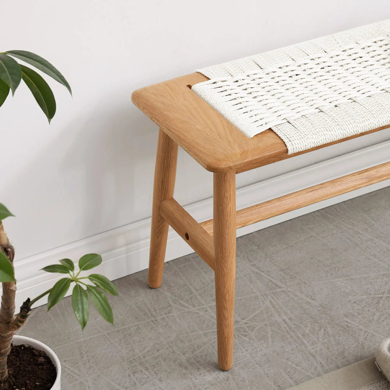 Design Natural Oak Wood Dining Bench with Handwoven Cane Seat in White by HouseOfZazla