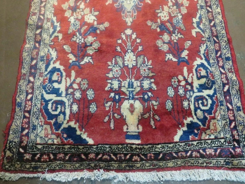 Persian Runner Rug 3 x 12, Antique Wool Oriental Runner, Floral Vases, Red & Navy Blue by Jewel Rugs
