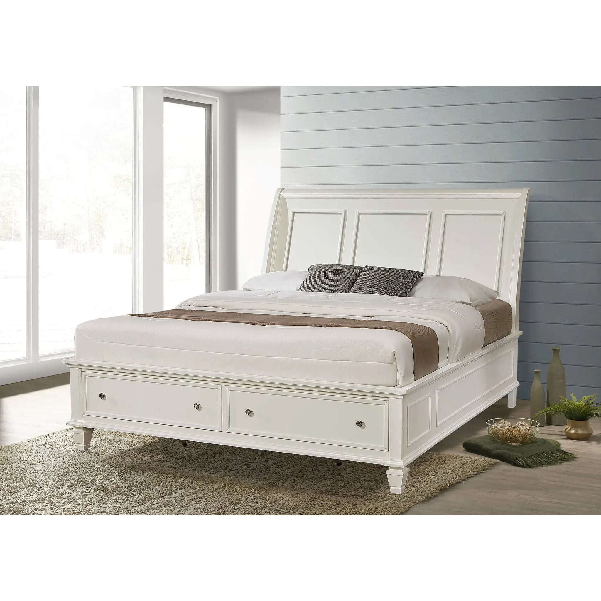 Dennis - Eastern King Storage Panel Bed With Carved Headboard And Built In Drawers - Cream White by HouseOfZazla