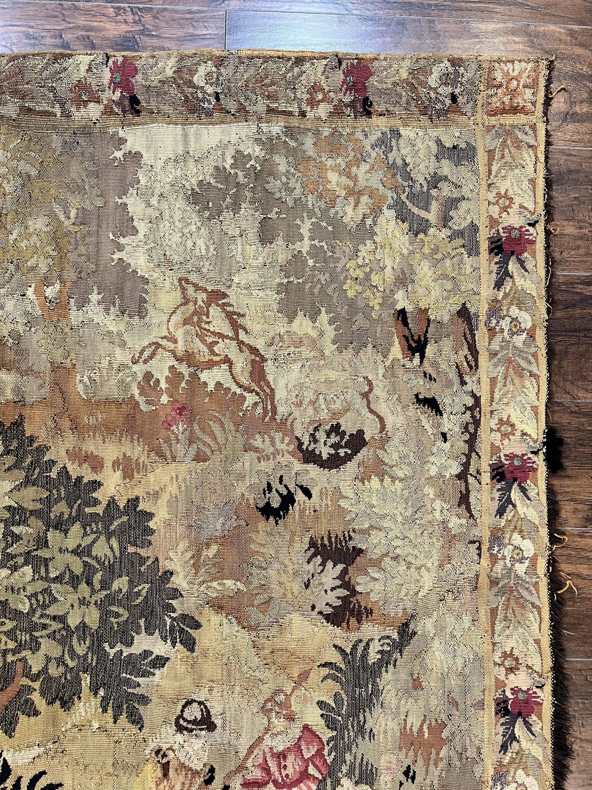 Antique French Tapestry 6x5 ft, European Handmade Wool Aubusson Weave Vintage Tapestry by Jewel Rugs