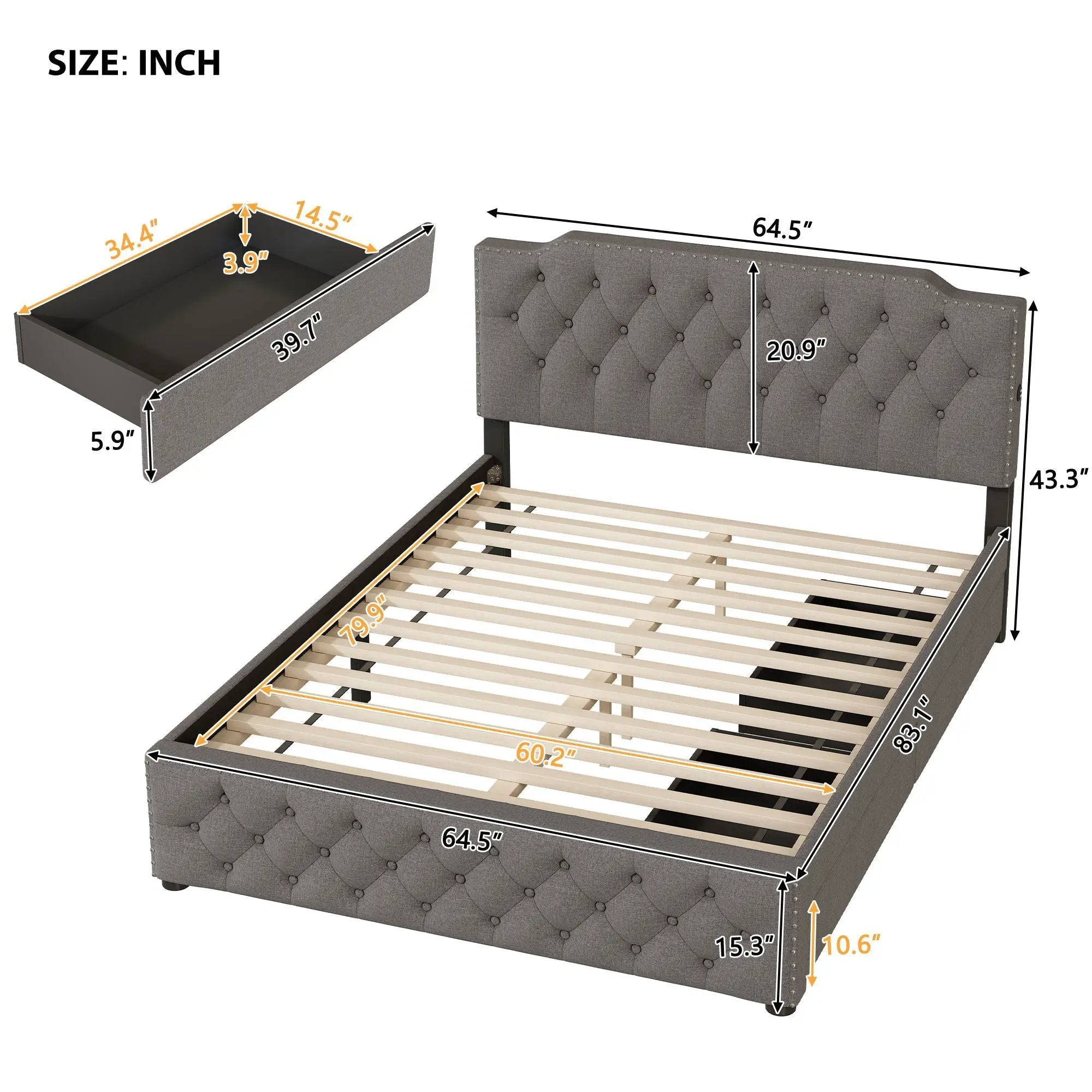 Upholstered Platform Bed With 2 Drawers And 2 Sets Of USB Ports On Each Side, Fabric by HouseOfZazla
