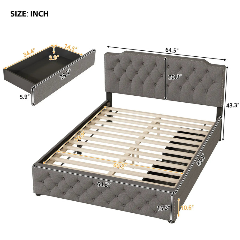 Upholstered Platform Bed With 2 Drawers And 2 Sets Of USB Ports On Each Side, Fabric by HouseOfZazla