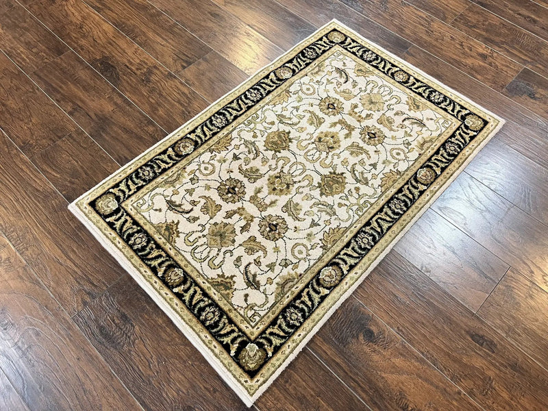 Small Indo Mahal Rug 2.5 x 4, Wool Indian Oriental Carpet, Hand Knotted Handmade Vintage Traditional Rug, Beige Tan Black by Jewel Rugs
