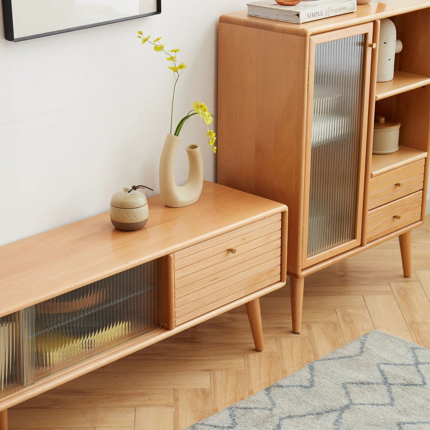 TV Cabinet With Chinese Changhong Glass Doors, Two Drawer Storage Space TV Standing by Unique Piece Furniture