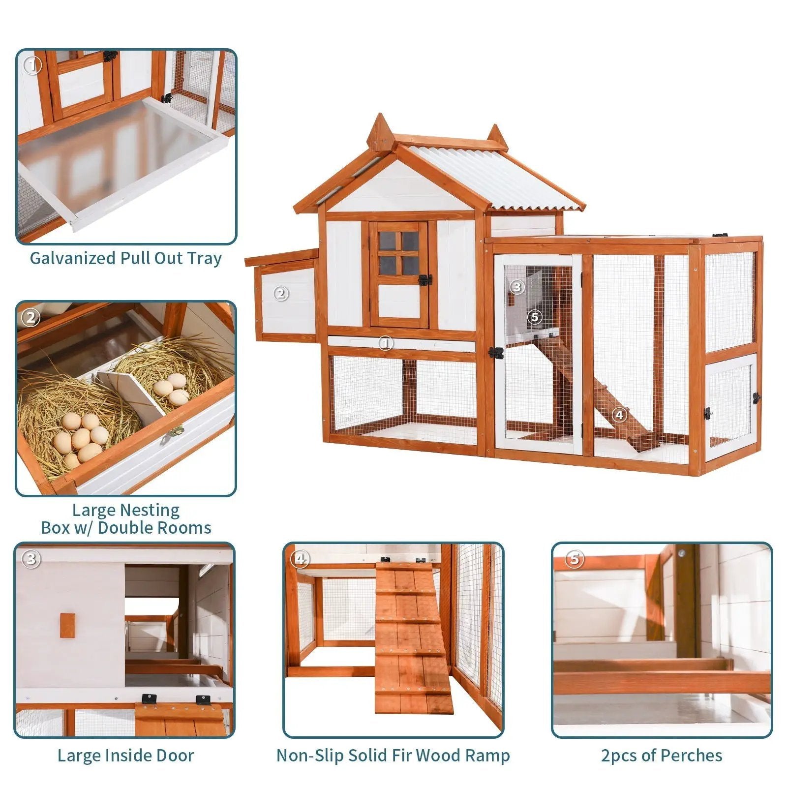 Weatherproof Outdoor Chicken Coop With Nesting Box, Hen House With Removable Bottom For Easy Cleaning, Poultry Cage, Rabbit Hutch, Wood Duck House - Brown / White by HouseOfZazla