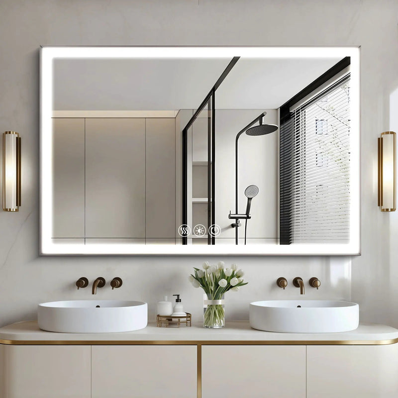 Modern LED Bathroom Vanity Mirror With Aluminum Frame, 45° Beveled Lights, Anti Fog - Silver by HouseOfZazla