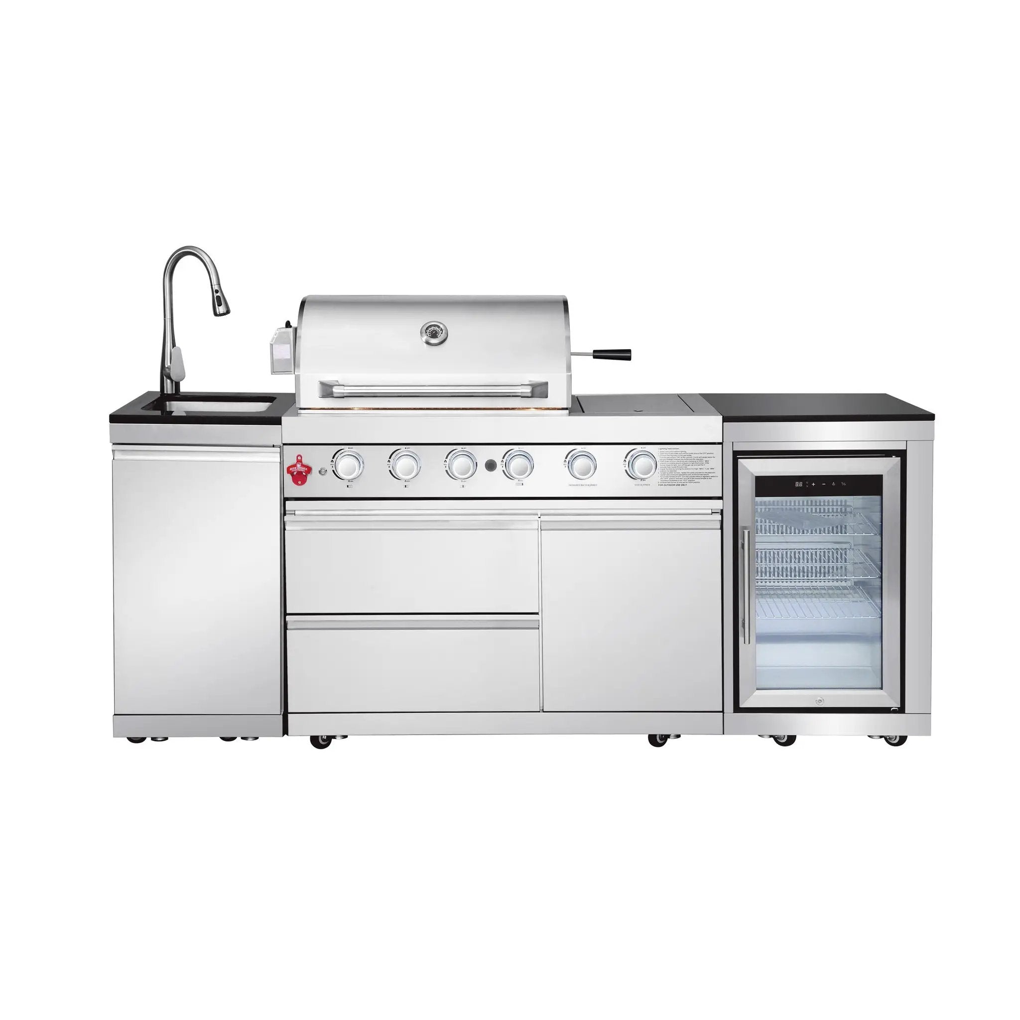 85.2" 4+1 Burner 71500 BTU Silver Outdoor Kitchen Island Grill + Sink + Refrigerator by Chery Industrial