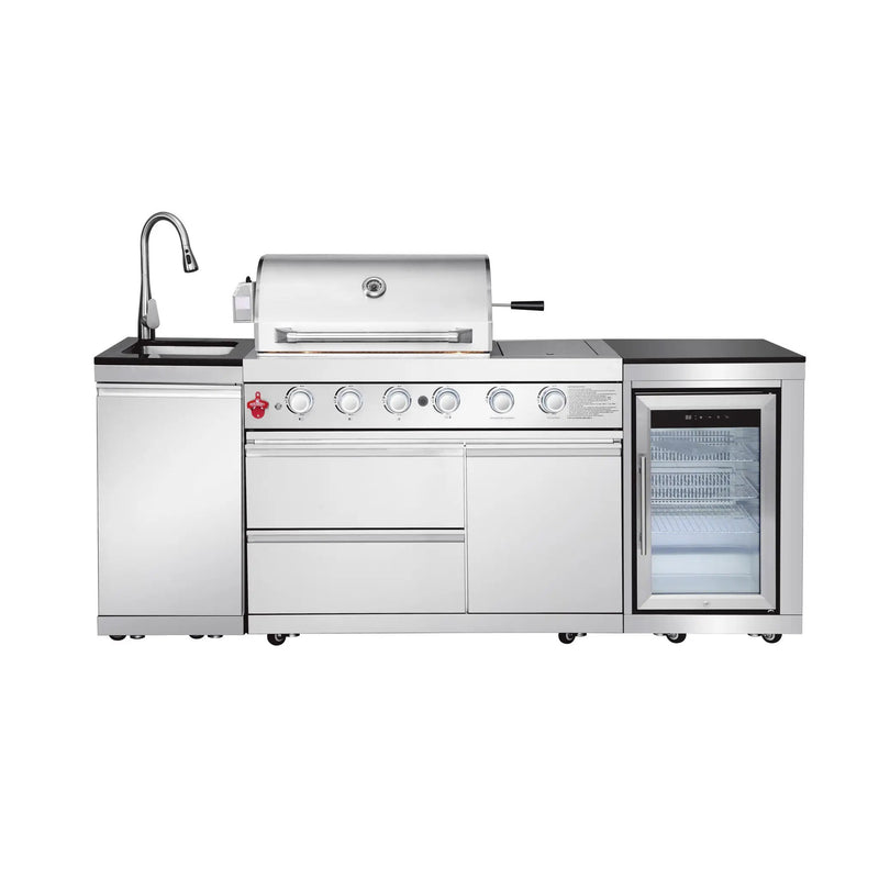 85.2" 4+1 Burner 71500 BTU Silver Outdoor Kitchen Island Grill + Sink + Refrigerator by Chery Industrial
