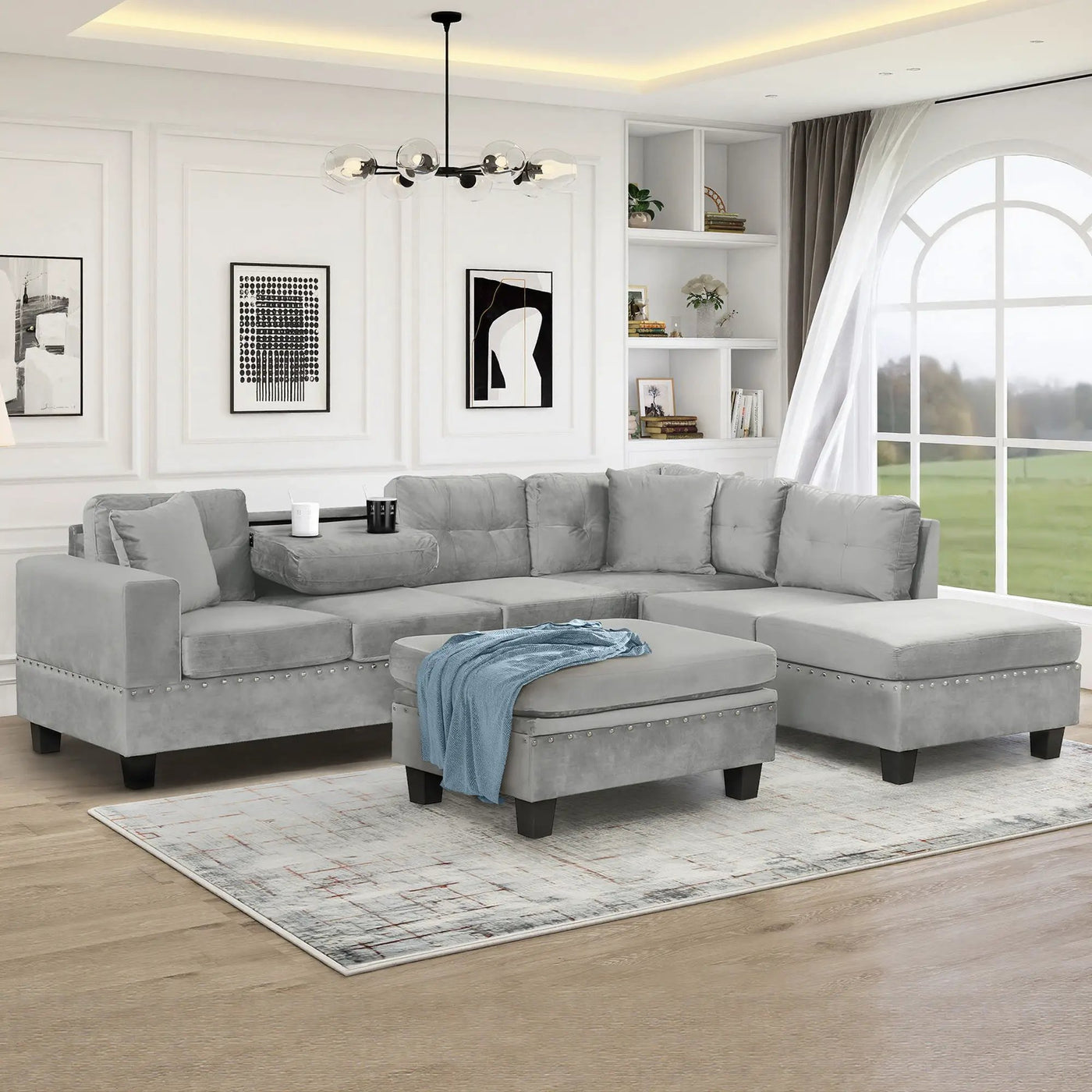 Modern Sectional Sofa With Storage Ottoman, L - Shape Couch With 2 Pillows And Cup Holders by HouseOfZazla